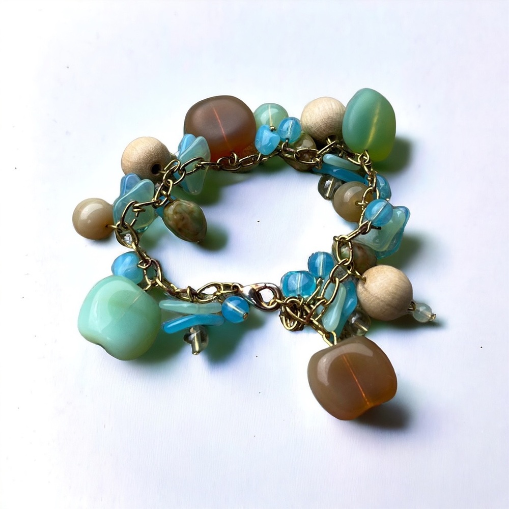 Vintage Boho Multicolor Beaded Bracelet Mermaid Gold Tone Puff Charms Pastel